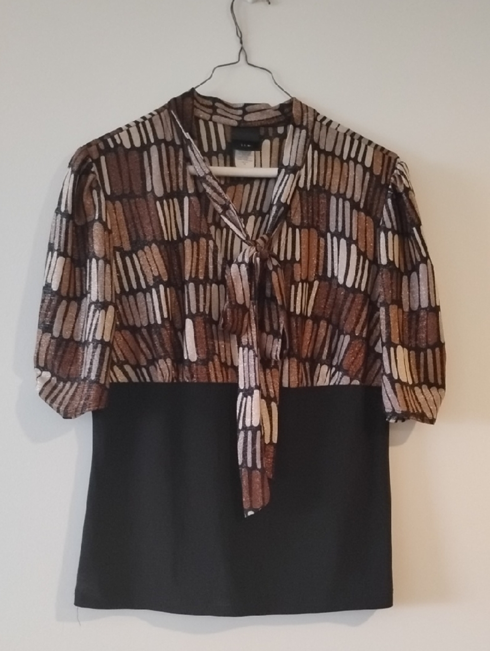 Tie-Neck Mixed Print Blouse in Brown and Black
